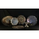 Collection of silver plated trays and salvers and a shell form comport, Elkington, Walker and Hall