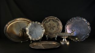 Collection of silver plated trays and salvers and a shell form comport, Elkington, Walker and Hall