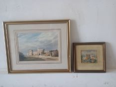 Two early 20th century watercolour studies of castles, framed and glazed. 56x46cm (Largest)