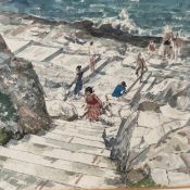 Attributed to Frank Runacres (1904-1974), a 20th century ink and watercolour study of bathers on a