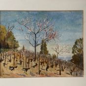 A contemporary watercolour depicting a vineyard on a coastal landscape, signed B. Press to the lower