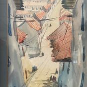 A mid 20th century watercolour depicting figures in a stylised Continental village, signed to the