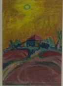 A framed and glazed acrylic, Continental school, house under a blazing sun. H.73 W.61cm