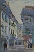 An early 20th century watercolour depicting figures on a high street, signed and dated 1932 to the