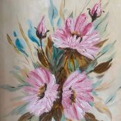 A contemporary oil on board, stylised still life flowers by Tony Seston, signed to the lower right