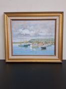 André Postaire (1930-2021), a 20th century oil on canvas depicting moored sailing boats on a lake in
