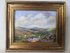 A 20th century oil on board depicting sheep grazing in a hilly country landscape. 33x27cm oil on