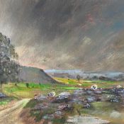 A mid to late 20th century oil on board depicting sheep in a rural landscape, signed to the lower