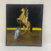 Oil on canvas, surreal study of a man on horseback. H.68 W.78cm