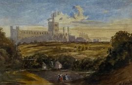 A 19th century watercolour, figures in a country landscape with a cathedral in the distance,