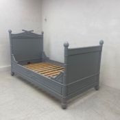 A 19th century French bedstead in painted faux bamboo with maker's label. For a mattress up to 3'