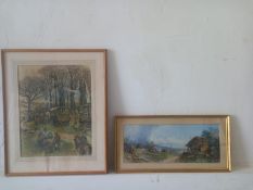 Two landscapes with figures, a pencil and crayon along with a watercolour, both depicting Romany