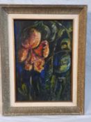 A mid-century oil on board, abstract flowers, signed Barry and dated 1957 to the lower right in a
