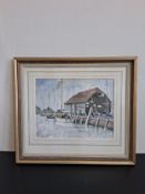 Dion Pears (1929-1985), a 1950s watercolour depicting moored sailing boats at a shipyard, signed