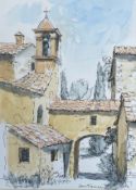 A 20th century pen and watercolour study of a Continental village church, signed to the lower