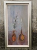 A large contemporary oil on board, abstract seed pods and plants, framed. 137x79cm
