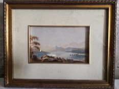 A 19th century Continental School watercolour depicting a figure and cattle on a lake with sailing