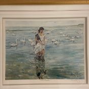 A large framed and glazed lithograph, Swan Maiden, from a limited edition signed Gordon King. H.86