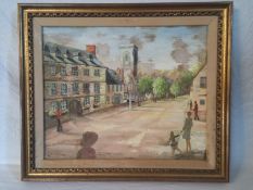 A late 20th century oil on board depicting figures on an English high street, signed J. Creasy and