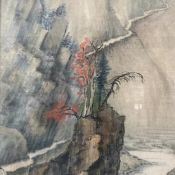 A contemporary Chinese watercolour depicting trees on a mountain path, signed in red seal script
