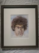 A 20th century watercolour portrait of Jimi Hendrix, signed S. Powell to the lower left in a
