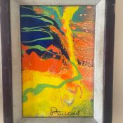 A contemporary abstract ink and oil on panel by C. E. Cooper, signed and dated 1995 to the lower