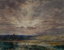 John Keeley (1849-1930), a C.1900 watercolour depicting a farmer herding cattle in an expansive