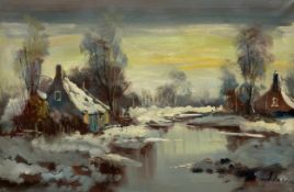 A 20th century Impressionist style oil on canvas depicting cottages on a river in a rural winter