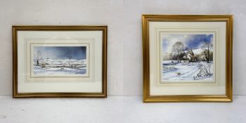 Two framed and glazed watercolours, winter landscapes, signed John Issacs, titled to reverse. H.47