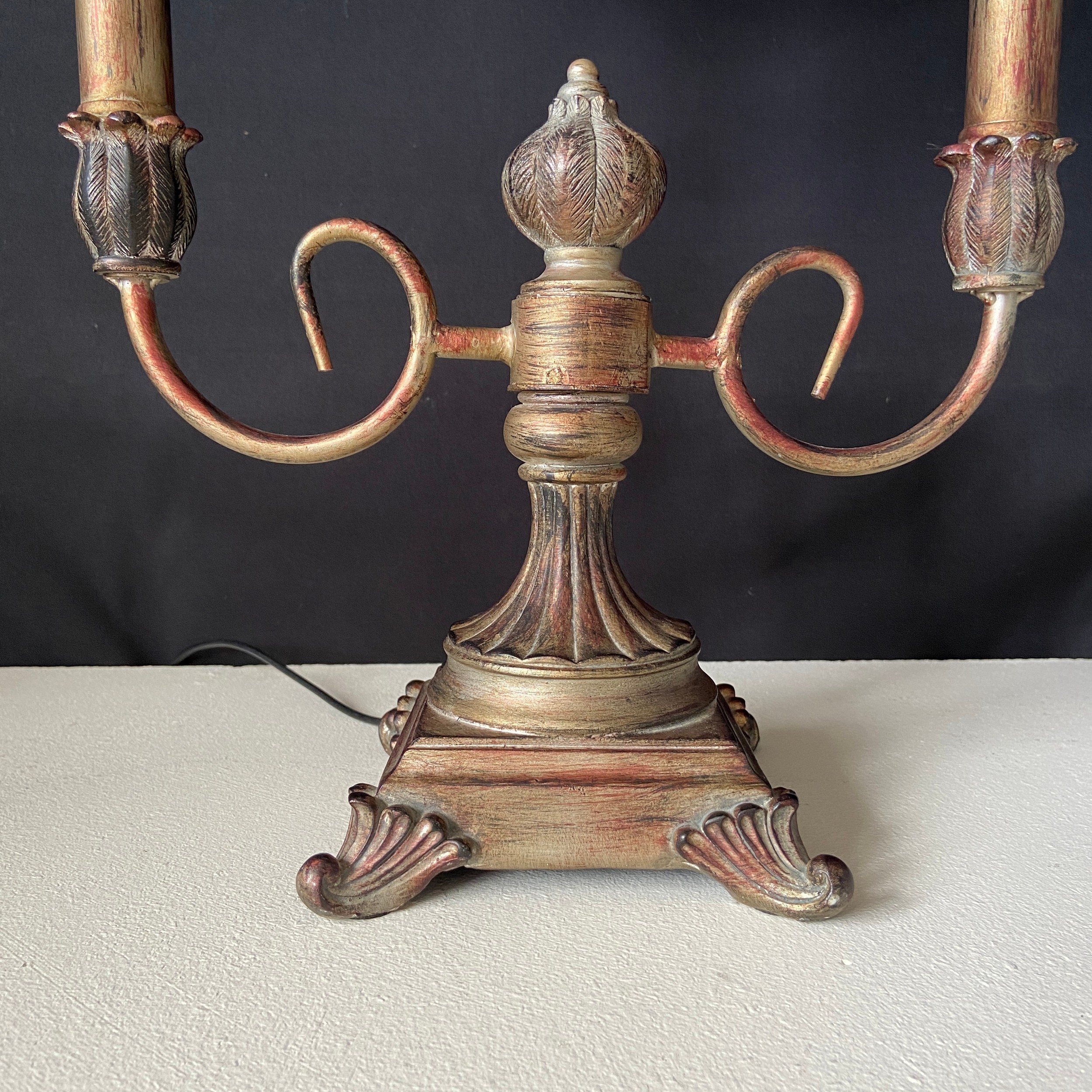 A contemporary cold painted and distressed metal candelabra style table lamp having two branches - Image 3 of 4