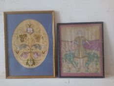 Two framed and glazed needlework panels, a floral display and a young girl with deer. 43x57cm (