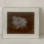 A 20th century woodblock monoprint titled 'Abstract in Brown' by Brian Benjamin, signed to the lower
