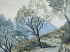 A mid 20th century watercolour titled 'Moutain Road to Castellar' by Margaret Pinder, framed and