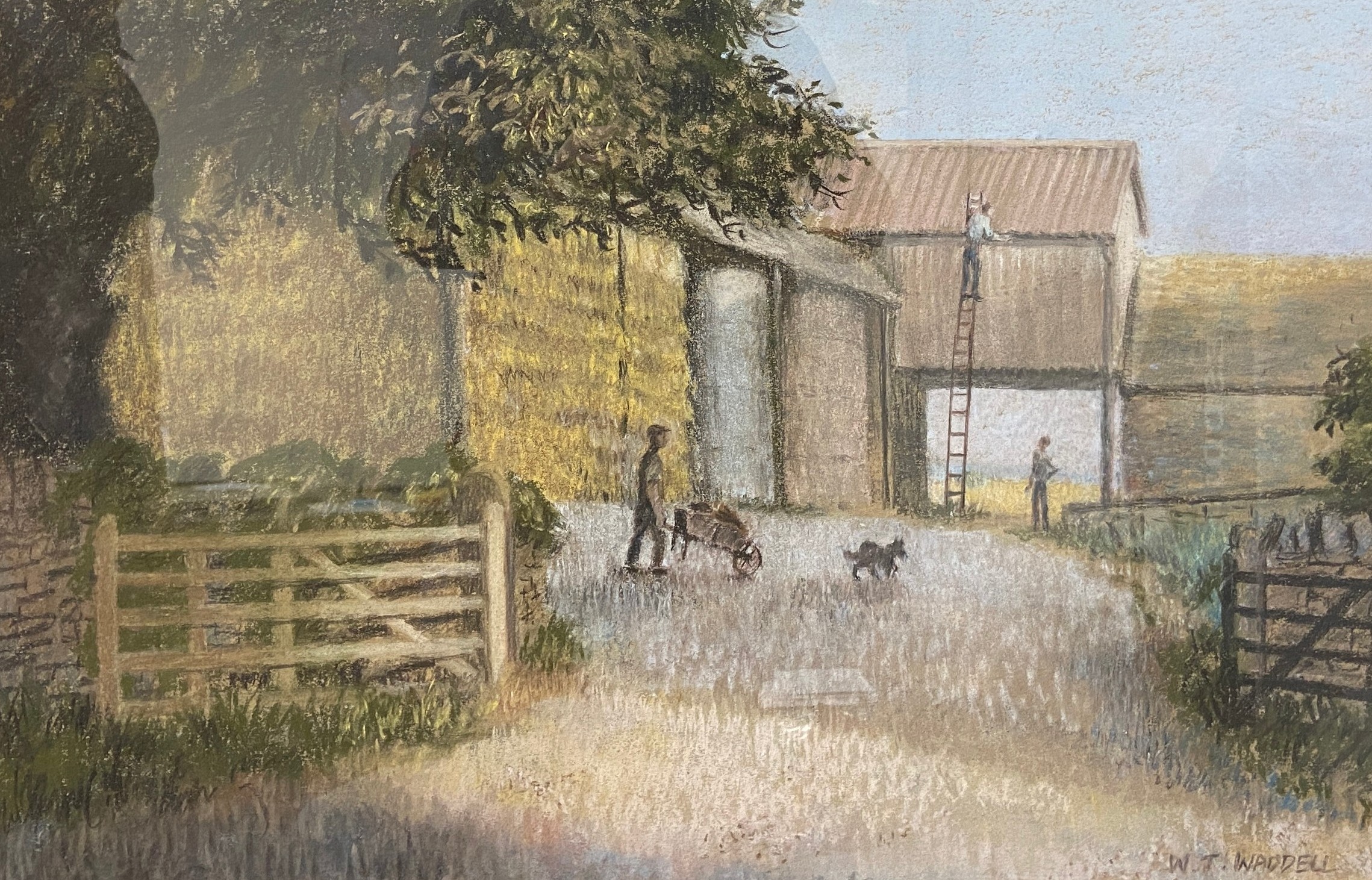 A 20th century genre style pastel study of a working Cotswold farm, signed W.T. Waddell to the lower