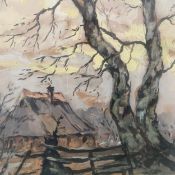 A 20th century acrylic on brown paper depicting a rural cottage in an autumnal landscape, framed and