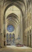 An early 20th century watercolour of the interior of the Notre Dame Cathedral in Laon, signed and