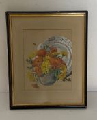 A mid century still life watercolour study, flowers in a vase and Chinese plate, framed and