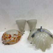 Four Art Deco lights to include a pair of frosted glass figural bird wall sconces in the manner of