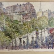 A mid 20th century ink and watercolour study titled 'Rain on the Boulevard, Paris', signed to the