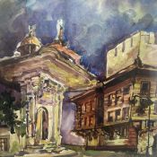 A contemporary Impressionist style oil wash on paper depicting a classical building in a Continental