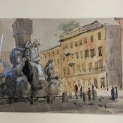 A mid 20th century ink and watercolour study of a Renaissance stone fountain in a Continental