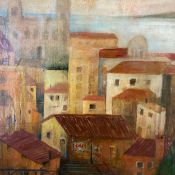A contemporary oil on canvas laid board depicting rooftops in a Continental village, signed