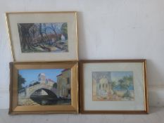 A pastel woodland scene, an oil on board, Venice and a Continental school watercolour, all framed