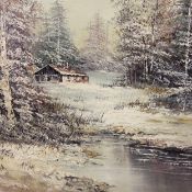A 1970's vintage oil on canvas, cottage in a rural wintry landscape, signed to the lower left in a