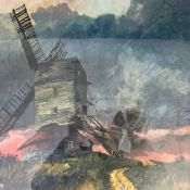 Attributed to John Sutton (b.1935), a 20th century acrylic painting titled 'Old Post Mill' in a