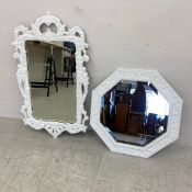 A contemporary Rococo style white painted composite wall mirror along with another with an octagonal