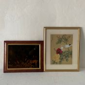 Two artworks to include a Chinese ink and colour painting depicting a bird among foliage along