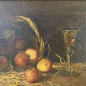An early 20th century oil on canvas, still life basket of fruit and glass of wine in a gilt frame.