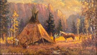 Dean Packer (b.1933), oil on board, native Americans in a mountainous setting, signed. H.21.5cm W.