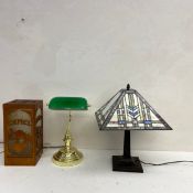 A vintage Camel table lamp, a banker's desk lamp and a Tiffany style lamp. H.48cm (Tallest).